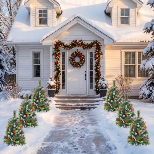 30 Inch Outdoor Christmas Tree Set with Lights - 2 Pack Prelit Holiday Decor
