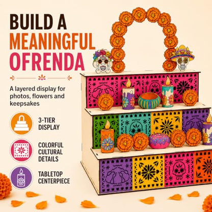 Day of the Dead Wooden Altar Display Set - Mexican Ofrenda Decoration, Orange Variation
