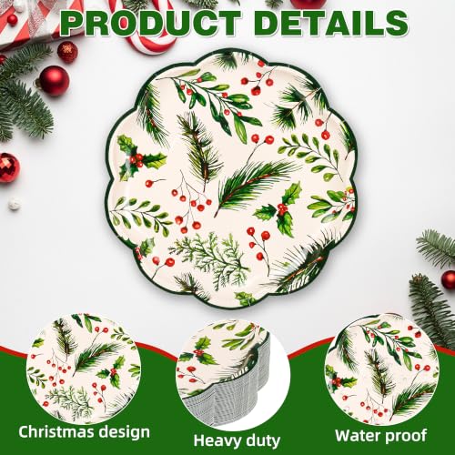 Holly Berry Christmas Paper Plates - 7 Inch Scalloped Holiday Party Disposables