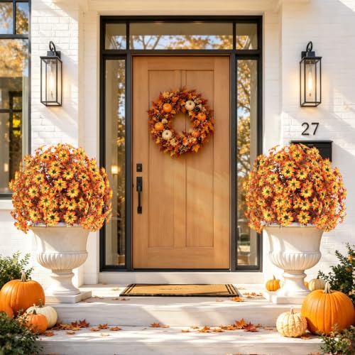 Artificial Fall Mums Topiary Ball Tree with Ground Spike - Orange