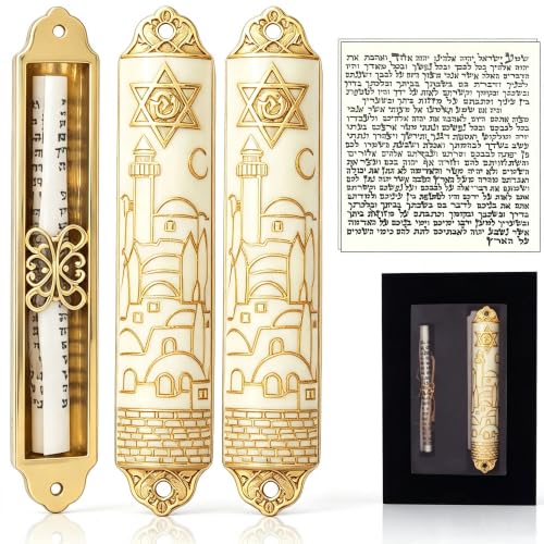 Enamel Mezuzah with Scroll - Gold Embossed Jerusalem Design, 2 Pack