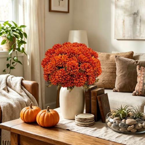 Artificial Fall Mums Flowers Bundle - Burnt Orange Autumn Floral Arrangements for Home & Garden