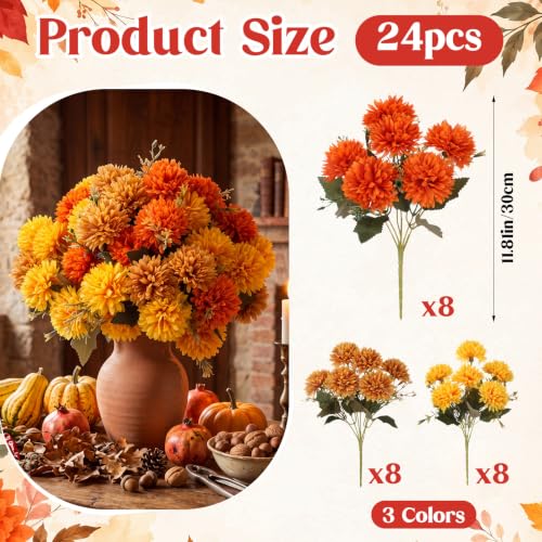 Artificial Fall Flowers Faux Silk Pompom Mums 24 Pack Autumn Decor