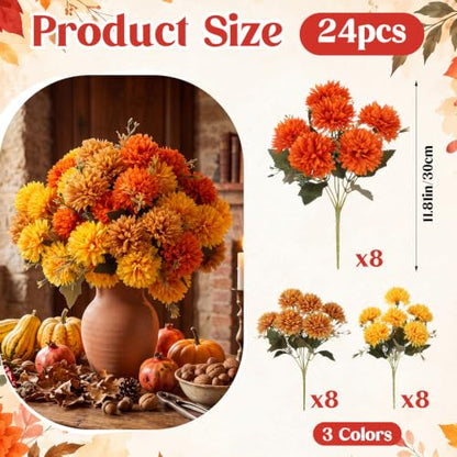 Artificial Fall Flowers Faux Silk Pompom Mums 24 Pack Autumn Decor