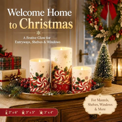 Christmas Candy Cane Flameless Candle Set with Remote - 3 Color Changing LED Pillar Candles