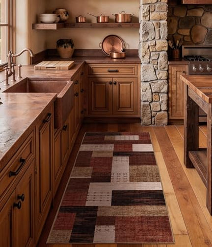 Brown 2x8 Hallway Runner Rug Non Slip Geometric Patchwork Carpet for Entryway
