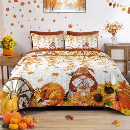 Queen Fall Quilt Set with Gnome Pattern, 3 Pieces Bedding Comforter