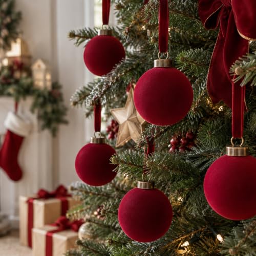 3.15 Inch Velvet Christmas Balls Bulk Set - Red Holiday Tree Ornaments
