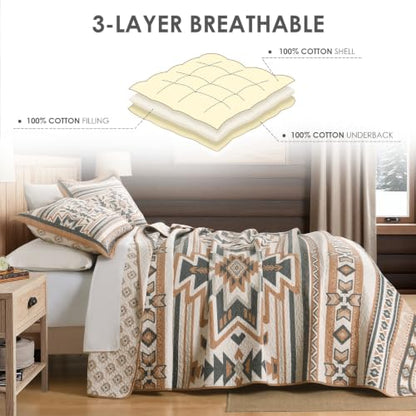 Queen Size Cotton Quilt Set with 2 Pillow Shams - Southwestern Aztec Design