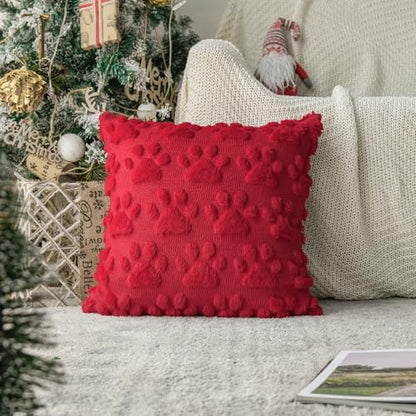 Christmas Pet Dog Paws Throw Pillow Covers 18x18 Inch Set of 2 - Red & Green Faux Fur