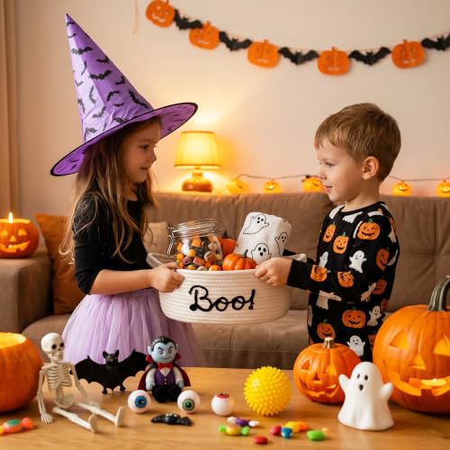 Halloween Boo Basket for Kids & Adults - White & Black Woven Gift Basket, 13x9x5 Inches