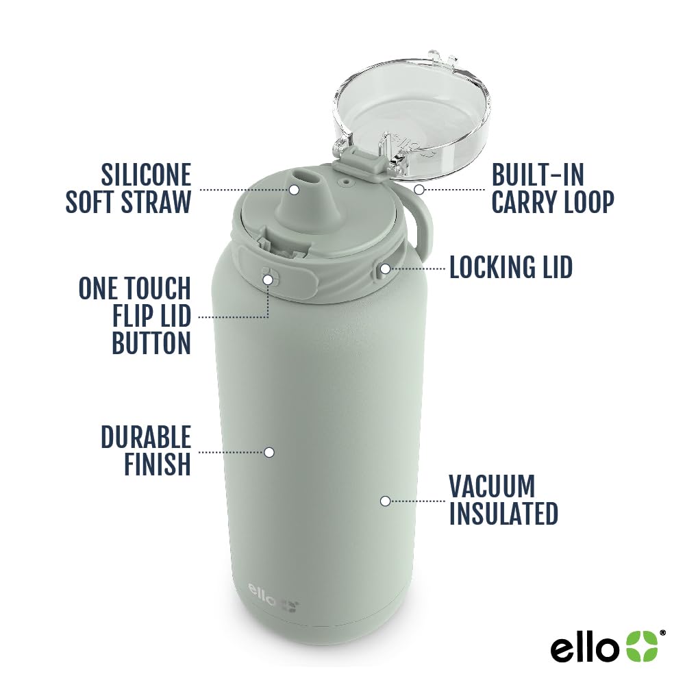 Ello Cooper 32oz Stainless Steel Water Bottle with Straw and Carry Handle, Double Walled and Vacuum Insulated Metal, Leak Proof Locking Lid with Soft Silicone Spout, Reusable, BPA Free, Sage