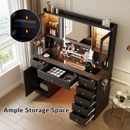 iPormis Black Vanity Desk with Mirror, RGB Lights, 2 Outlets & 7 Drawers