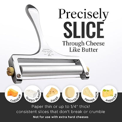 Zulay Kitchen Stainless Steel Wire Cheese Slicer - Adjustable Hand Held Cheese Cutter with 2 Extra Wires - Premium Cheese Shaver for Mozzarella, Cheddar, Gruyere - Cheese Cutter with Wire (Silver)