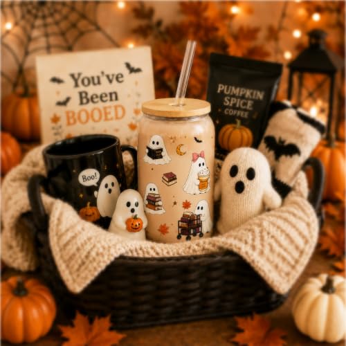 Halloween Ghost Glass Cup with Lid & Straw - 16oz Bookish Boo Basket Gift