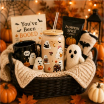 Halloween Ghost Glass Cup with Lid & Straw - 16oz Bookish Boo Basket Gift