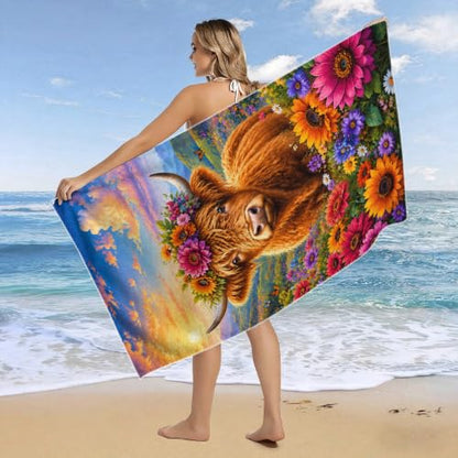Highland Cow Pattern Beach Towel 36x72 Inch - Wildflower Variation