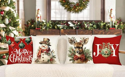 Christmas Pillow Covers Set of 4 20x20 Inches - Red White Farmhouse Holiday Decor Snowman Deer Joy Winter Throw Cushion Cases