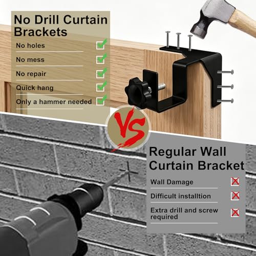 Heavy-Duty Single Hook Curtain Rod Holders No Drilling Needed - 2 Pieces