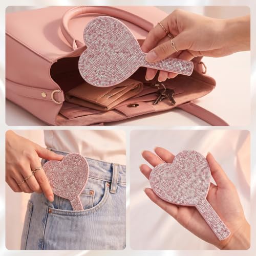 Pink Heart Handheld Mirror with Rhinestones - Compact Makeup & Gift
