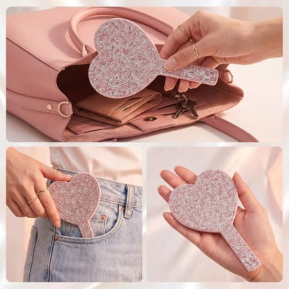 Pink Heart Handheld Mirror with Rhinestones - Compact Makeup & Gift