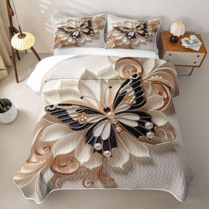 Queen Size Butterfly Print Quilt Set - White Black, 90x90 Inches