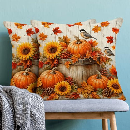 Fall Decor Pillow Covers 18x18 Set of 2 Pumpkin Sunflower Autumn Farmhouse Cushion Cases