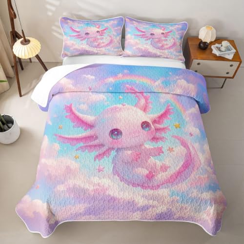 Colorful Axolotl Quilted Bedspread for Twin Bed - Galaxy Cloud Pattern