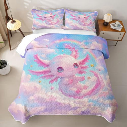 Colorful Axolotl Quilted Bedspread for Twin Bed - Galaxy Cloud Pattern