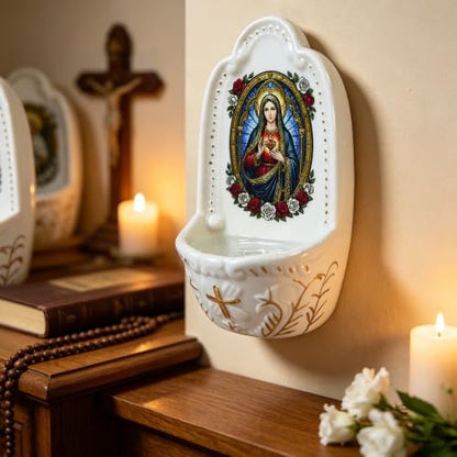 Porcelain Holy Water Font Wall Mount Immaculate Heart Devotional Artwork