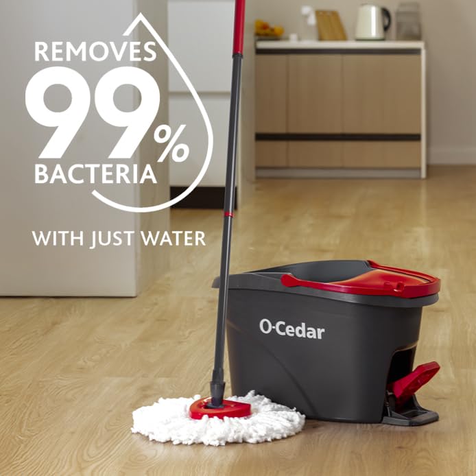 O-Cedar Easywring Microfiber Spin Mop & Bucket Floor Cleaning System with 1 Extra Refill,Red / Gray