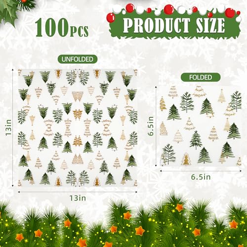 Christmas Tree Paper Napkins with Gold Glitter Trees - 100 Pcs, 6.5in - Xmas Trees