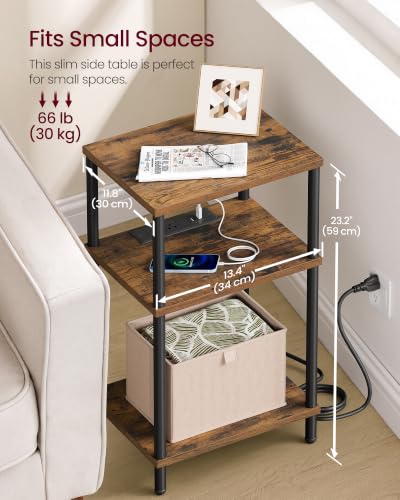VASAGLE Rustic Brown & Ink Black 3-Tier Side Table with Charging Station