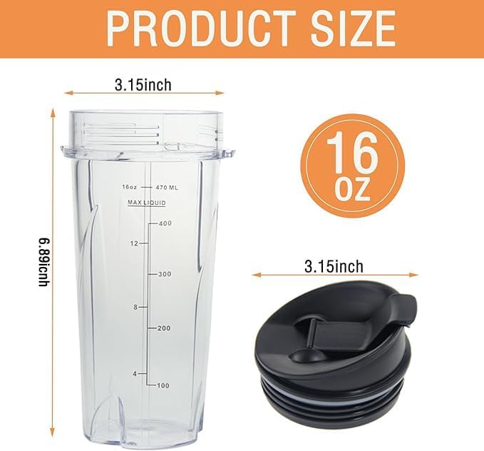 Ninja 16oz Replacement Cups - Compact Personal Blender Single Serve Cup Set with Seal Lids | 2 Pack