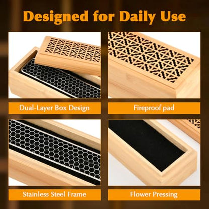 Wooden Incense Holder Burner with Double Layer Ash Catcher and Storage Drawer