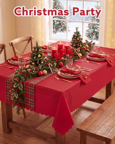 Red Plastic Tablecloth 3 Pack - Scalloped Waterproof Disposable Party Cover