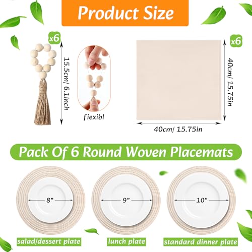 6 Sets Boho Round & Rectangular Woven Placemats Table Decor with Napkins & Rings - Farmhouse Style