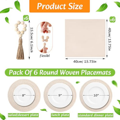 6 Sets Boho Round & Rectangular Woven Placemats Table Decor with Napkins & Rings - Farmhouse Style