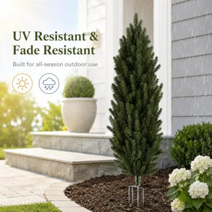Artificial Pine Plants 35 Inch Set with Stainless Steel Stakes - Realistic Outdoor Garden Decor