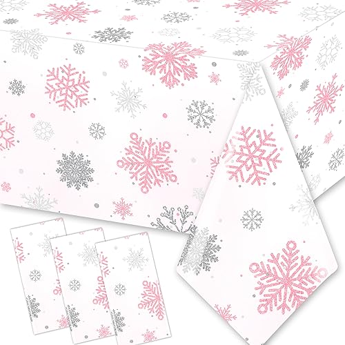 Winter Snowflake Tablecloths Set - Waterproof Disposable Holiday Decor, Pink & White, 3 Pieces