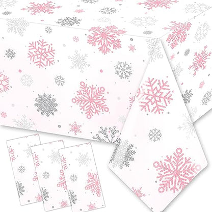 Winter Snowflake Tablecloths Set - Waterproof Disposable Holiday Decor, Pink & White, 3 Pieces