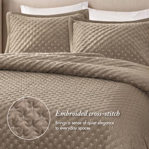 Queen Velvet Quilt Set with Cross Stitch Embroidery Taupe - 3 Piece