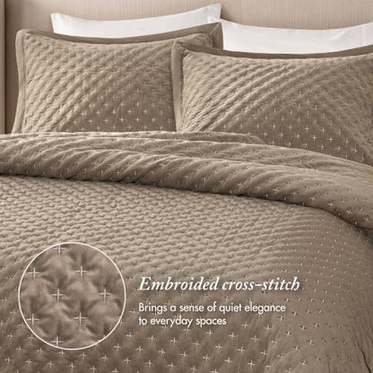 Queen Velvet Quilt Set with Cross Stitch Embroidery Taupe - 3 Piece