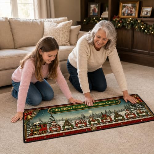 Personalized Christmas Train Family Entryway Rug - Grandma Grandpa Holiday Runner, Xmas Home Decor