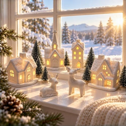 Indoor Christmas Village Set - 13 Piece White Holiday Scene with Houses and Decor
