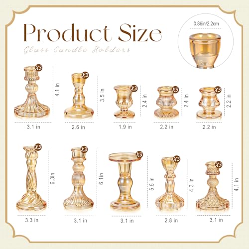 30Pcs Gold Glass Taper Candle Holders Assorted Sizes Elegant Decor