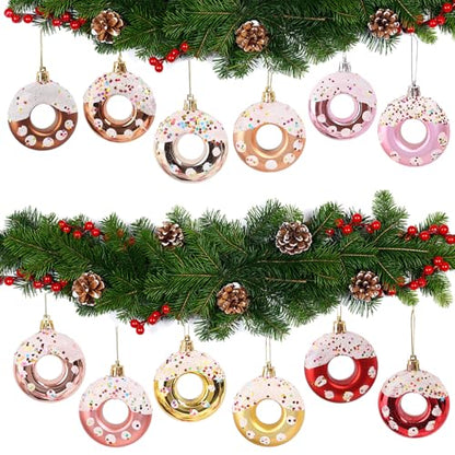 Pink Donut Christmas Ornament Set - 8 Candy Hanging Decorations for Holiday Tree