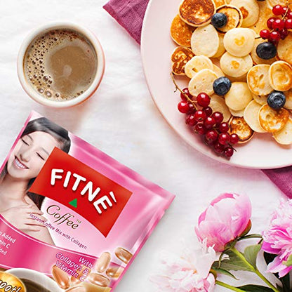 FITNE Instant 3 In 1 Coffee Packets Mix With Natural Hydrolyzed Collagen Vitamin C Smooth Blend Tasty Aromatic No Sugar Sucralose Sweetener, 10 Sticks