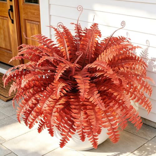 Artificial Ferns Outdoor Fall Decorations - 12pcs Red Fern Stems