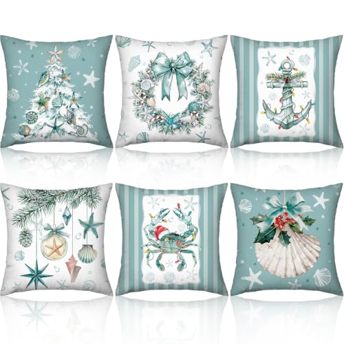 Christmas Coastal Pillow Covers Set of 6 - 18x18 Inch Suede Holiday Decor
